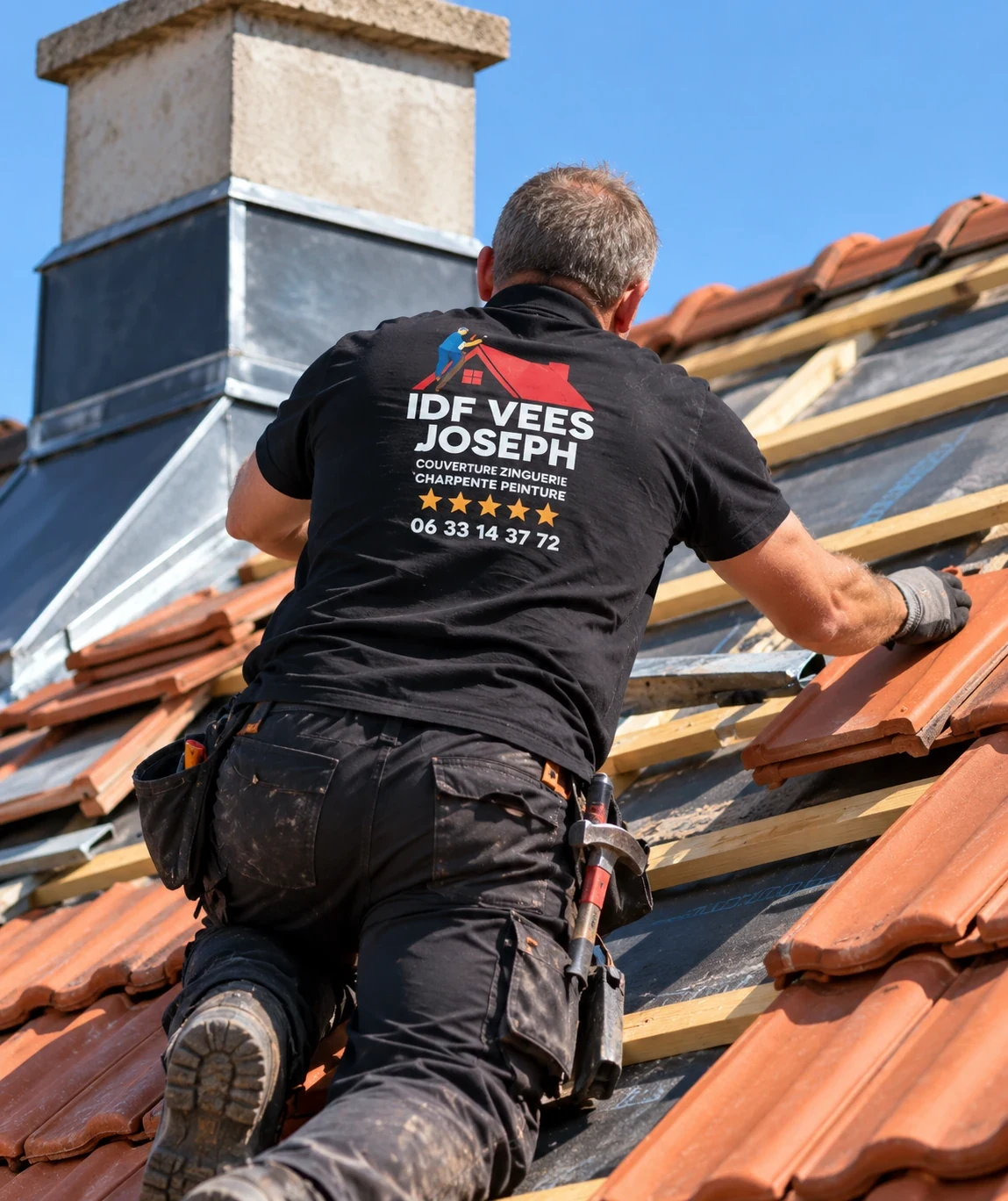 Artisan Entreprise Vees devant un chantier de rénovation de toiture