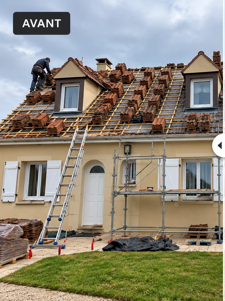 Toiture en cours de rénovation avec tuiles déposées au Raincy